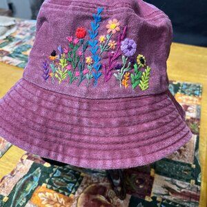 Hand Embroidered FLORAL Red Rose Bucket Hat, Beautiful Handsewn Gift, One-Size